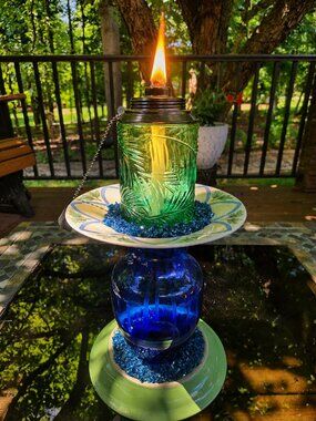 Upcycled Blue Green Tiki Torch Crushed Glass Accents